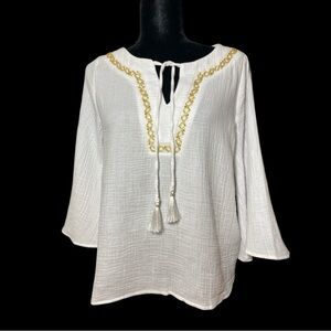 NWT JM Collection Embellished Split Neck Elegant White Blouse with Gold Accents